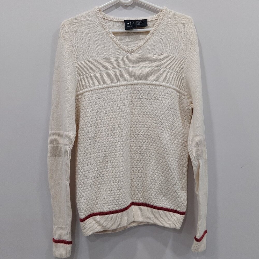 Armani Exchange (A|X) men's Wool Blend sweater cream distinct red trim Sz S